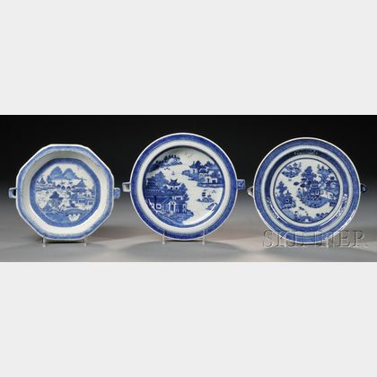 Three Blue and White Hot Water Porcelain Warming Dishes
