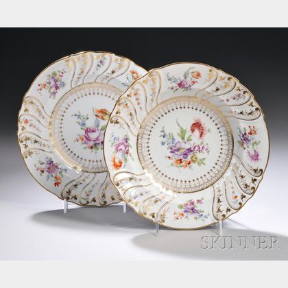 Set of Twelve Dresden Gilt and Hand-painted Floral-decorated Porcelain Soup Dishes
