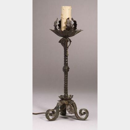 Pair of Small Black Painted Wrought Iron Gothic-style Candlesticks