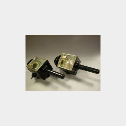 Pair of Black Painted Metal and Beveled Glass Carriage Lamps. 