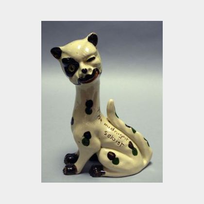 Watcombe Motto Ware Spotted &#34;Winking Cat&#34; Figural with Glass Eye