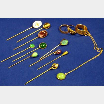 Group of Seven 14kt Gold Stickpins and Two Rings