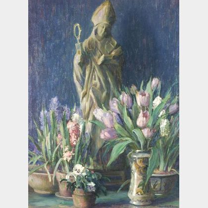 Maud Mason (American, 1867-1956) Floral Still Life with Statuary