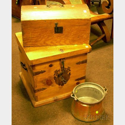 Grain-painted Wooden Dome-top Box, an Iron-mounted Pine Lift-top Chest, and a Copper Kettle. 