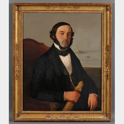 American/French School, 19th Century Portrait of a Sea Captain Holding a Spyglass with Distant Lighthouse and Vessels
