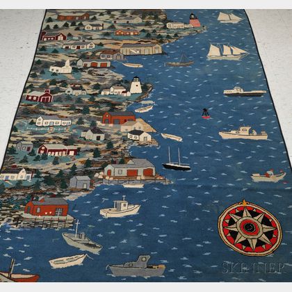 Large Pictorial Wool Hooked Rug with Coastal View of Camden, Maine