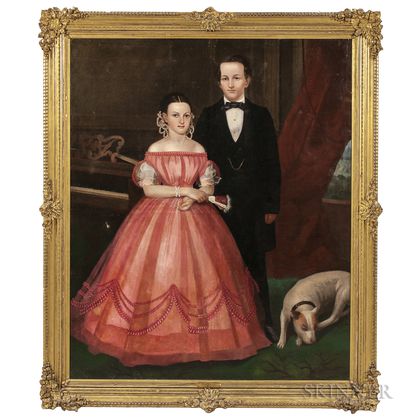 American School, 19th Century, Double Portrait of a Young Gentleman and a Lady in Pink with a Dog at His Feet Standing Next to a Piano 