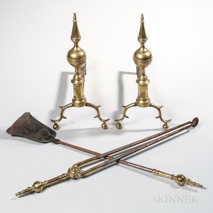 Pair of Brass and Iron Steeple-top Andirons and Matching Tools
