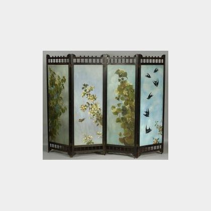 American Aesthetic Movement Ebonized and Painted Double-Sided Four-Panel Screen