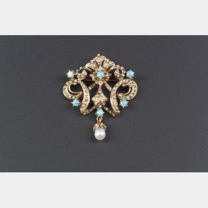 14kt Gold, Opal, and Pearl Brooch. 