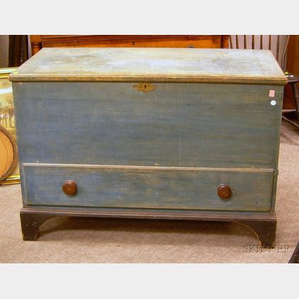 Blue-painted Dovetail-constructed Blanket Chest over Long Drawer. 