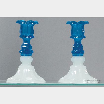Pair of Translucent Sapphire Blue and Clambroth Glass Candlesticks