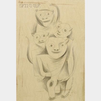 Konrad Cramer (American, 1888-1963) Lot of Three Figural and Animal Studies: The Artist, Mother and Child, and Four Primates