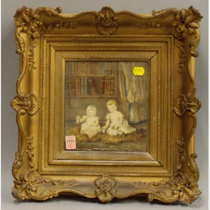 Framed 19th Century Watercolor on Paper Portrait of Two Children at Play in a Library Room Interior