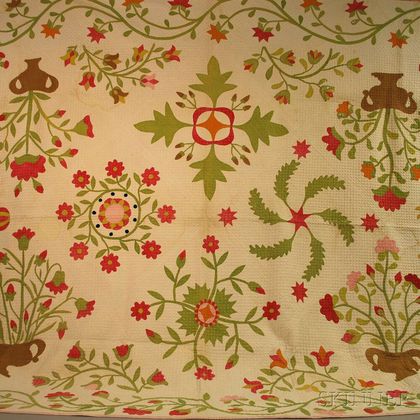 Pieced and Appliqued Cotton Quilt with Urn of Flowers Design