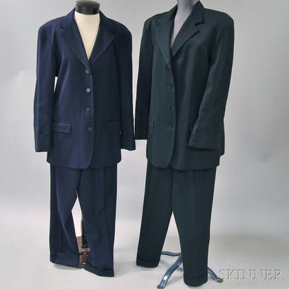 Two Calvin Klein Embroidered Black and Purple Wool Lady's Pantsuits