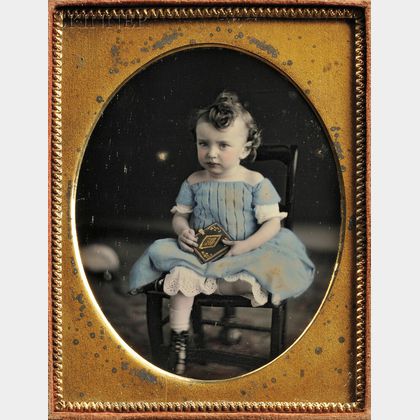 American School, 19th Century Hand-tinted Quarter-plate Daguerreotype of a Child Holding a Photographic Case