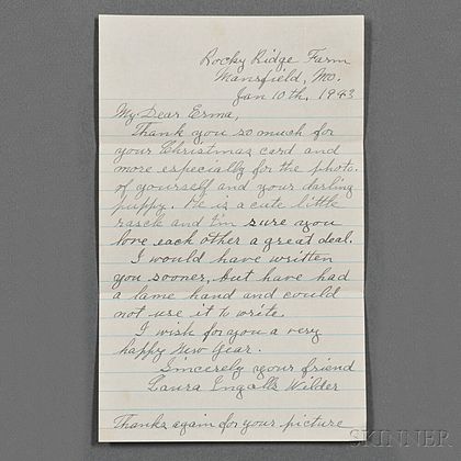Wilder, Laura Ingalls (1867-1957) Autograph Letter Signed, 10 January 1943.
