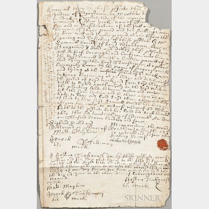 Martha's Vineyard Deed Dated 1704, Signed by Native Americans from the Tackanash Family.