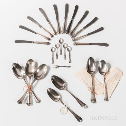 Thirteen English Silver Spoons and Eleven Hollow Ware Spreaders