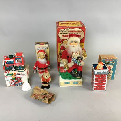 Five Japanese Wind-up Santa Claus Toys in Boxes