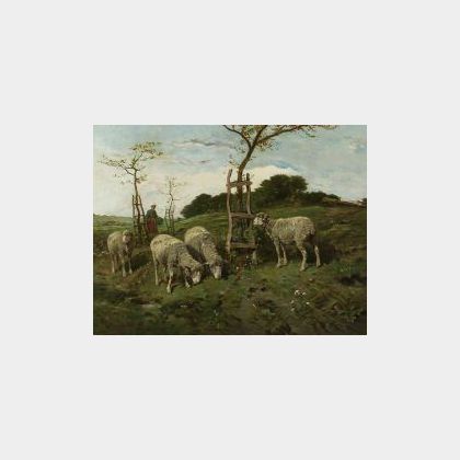 Charles Ferdinand Ceramano (Belgian, 1829-1909) Sheep and Shepherdess