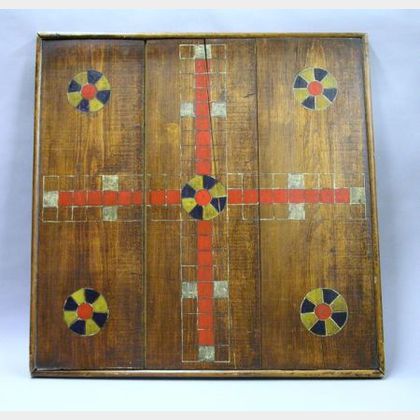 Large Painted Wooden Parcheesi Game Board. 