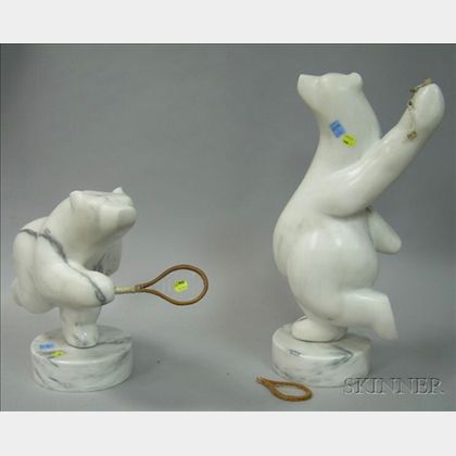 Two Carved Carrara Marble Polar Bear Tennis Player Figures
