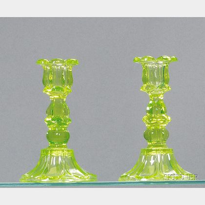 Pair of Light Apple Green Petal and Loop Glass Candlesticks