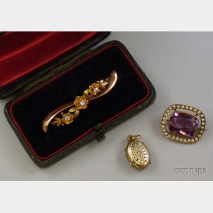 Antique 12kt Gold and Diamond Bar Pin, a Purple Glass and Seed Pearl Brooch, and an S Locket Charm. 
