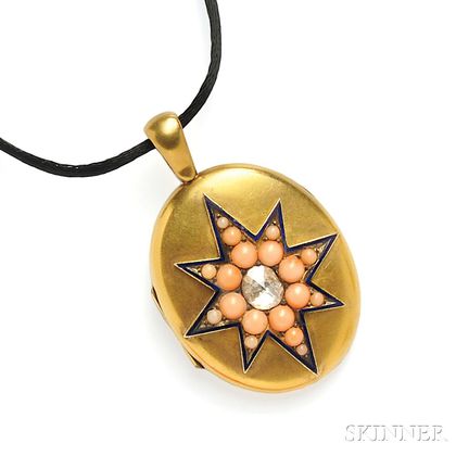 Antique 14kt Gold, Coral, and Diamond Locket