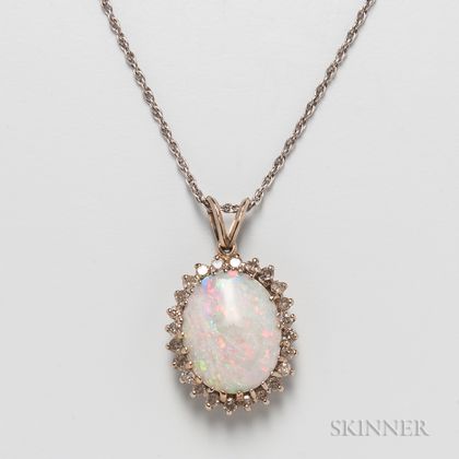 14kt Gold, Opal, and Diamond Pendant and 14kt White Gold Chain