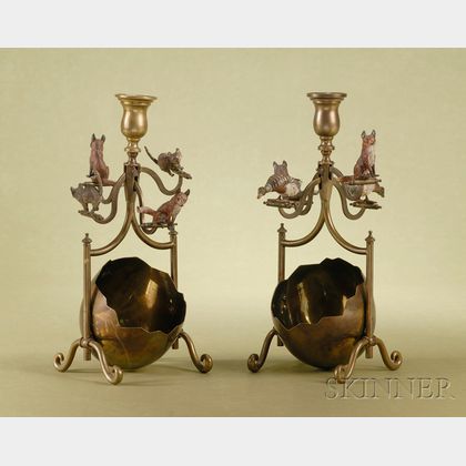 Pair of Whimsical Austrian Cold Painted Bronze and Brass Candelabra