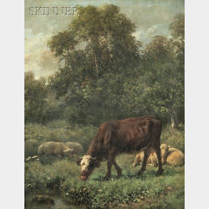 Juliette Peyrol Bonheur (French, 1830-1891) Pastoral Scene with Grazing Cow and Sheep
