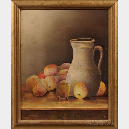 American School, 19th Century Tabletop Still Life with Pitcher, Glass Tumbler, and Apples.
