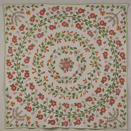 Pieced and Appliqued Cotton Quilt with Floral Wreath Design