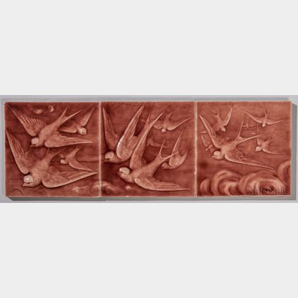 American Encaustic Tiling Co. Three-part Pottery Tile of Swallows in Flight 
