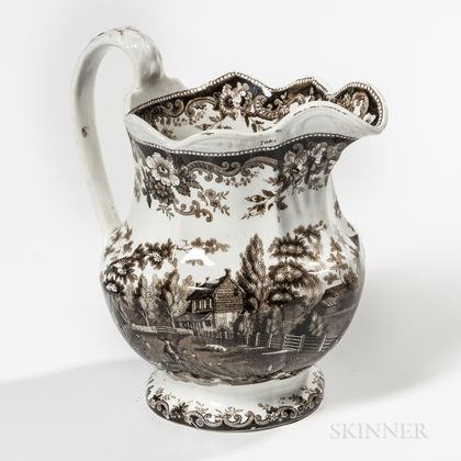 Brown Staffordshire Transfer-decorated "Residence of the Late Richard Jordan New Jersey" Pitcher