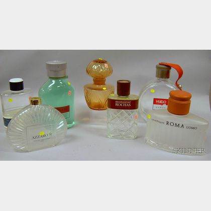Seven Large Designer Perfume Retailer's Counter Advertising Glass Display Bottles