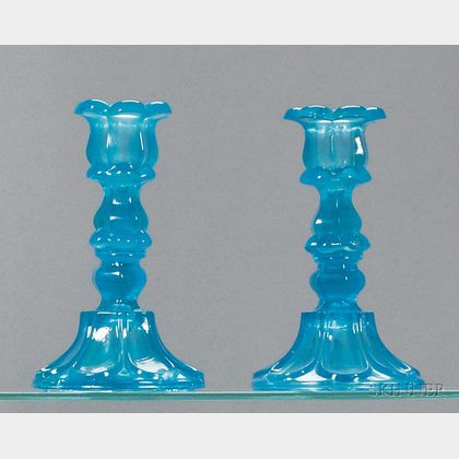 Pair of Translucent Sapphire Blue Petal and Loop Glass Candlesticks