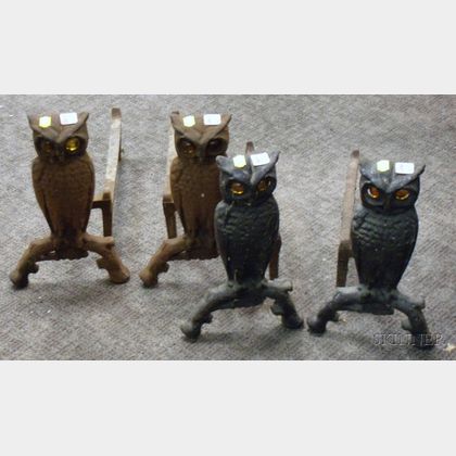 Two Pairs of Cast Iron Owls Figural Andirons with Amber Glass Eyes