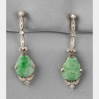 Art Deco Carved Jade and Diamond Earpendants