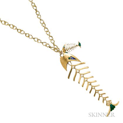 Whimsical 18kt Gold, Enamel, and Chrysoprase Fish Skeleton Pendant