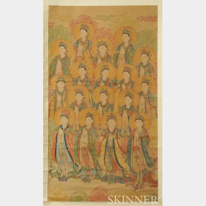 Buddhist Hanging Scroll Depicting Seventeen Bodhisattvas