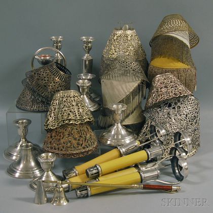 Group of Assorted Silver and Plated Lamp Shades, Beaded Lamp Shades and Candlesticks