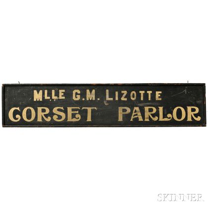 Black-painted and Gilt "MLLE G.M. LIZOTTE CORSET PARLOR" Trade Sign