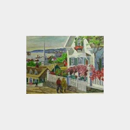 New England Coastal Village Scene, Signed L.Nieder, Oil on Art Board, Framed. 