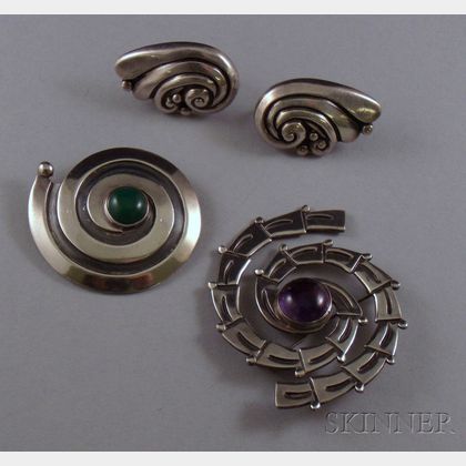 Vintage Pair of Margot de Taxco Sterling Silver Earclips and Two Maricela Sterling Silver and Stone Brooches.D... 