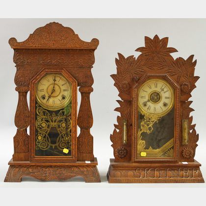 Two William L. Gilbert Oak Gingerbread Shelf Clocks