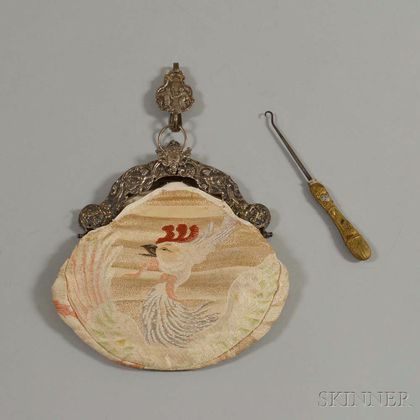 Dutch 1901 .833 Silver Chatelaine Purse and Gilt Glove Hook